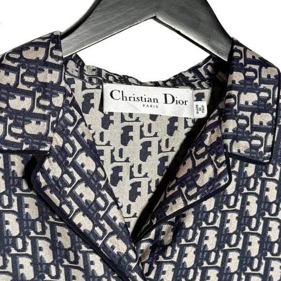 Dior Chez Moi Oblique Navy Blue Silk Twill Short Sleeves Blouse - Picture 4 of 6